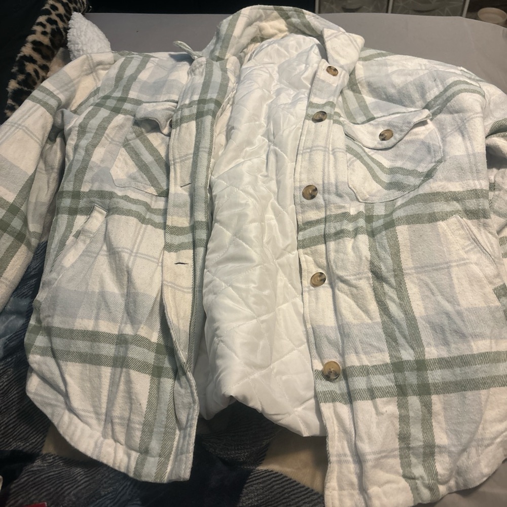 Aeropostale White and Green Plaid Jacket